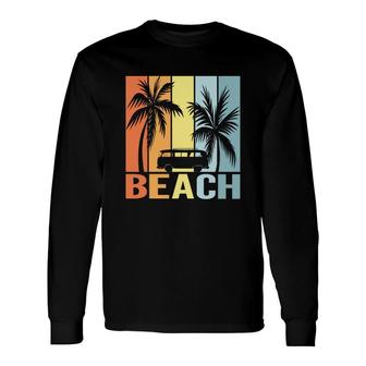 Beach Van Palm Trees Retro Sunset Stripes Long Sleeve T-Shirt - Seseable
