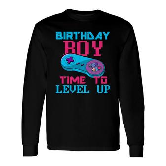 Birthday Boy Time To Level Up Birthday Boy Matching Video Gamer Pink Blue Long Sleeve T-Shirt - Seseable
