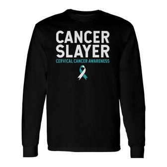 Cancer Slayer Cervical Cancer Awareness Teal Ribbon Survivor Long Sleeve T-Shirt T-Shirt | Mazezy