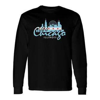 Chicago Skyline Silhouette Il Illinois City Flag Long Sleeve T-Shirt - Thegiftio