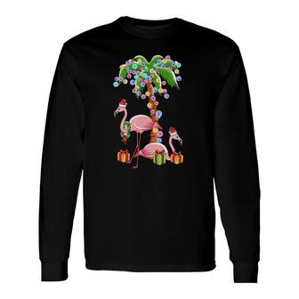 Christmas Flamingo Santa By Sea Palm Tree Lights Long Sleeve T-Shirt - Thegiftio UK
