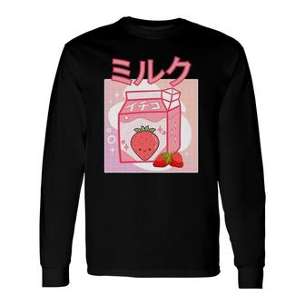 Cute Pink Strawberry Milk Japanese Kawaii Retro 90S Anime Long Sleeve T-Shirt - Seseable
