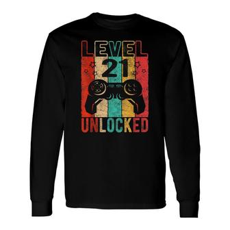 Fun 21St Birthday Level 21 Unlocked Retro Graphic Birthday Long Sleeve T-Shirt - Seseable