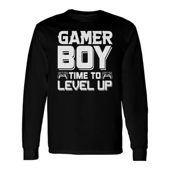 Gamer Boy Time To Level Up White Birthday Boy Matching Video Gamer Long Sleeve T-Shirt - Seseable