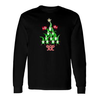 God Jul Christmas Tree Tomte Nisse Gnome Elf Danish Flag Long Sleeve T-Shirt - Monsterry