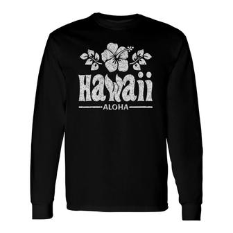 Hawaii Flowers Distressed White Print V-Neck Long Sleeve T-Shirt - Seseable