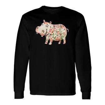 Hippopotamus Floral Nature Hutto Lover Cute Pink Roses Hippo Long Sleeve T-Shirt T-Shirt | Mazezy