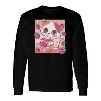 Kawaii Cat Strawberry Milk Shake Carton Japanese Anime Neko Long Sleeve T-Shirt - Seseable