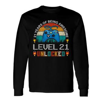 Level 21 Unlocked 21St Birthday Gamer Graphic Plus Size Long Sleeve T-Shirt - Seseable