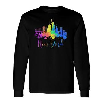 New York Skyline Watercolor Souvenir Liberty Big Apple Long Sleeve T-Shirt T-Shirt | Mazezy