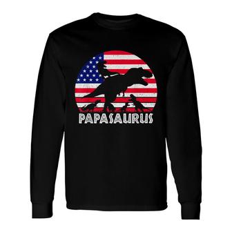 Papasaurus Rex Dad Of 4 Patriotic Usa Dinosaur Father Long Sleeve T-Shirt - Seseable
