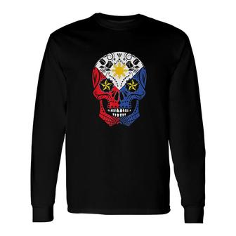 Pinoy Filipino Flag Mexican Sugar Skull Long Sleeve T-Shirt - Monsterry