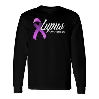 Purple Ribbon Lupus Warrior Lupus Fighter Lupus Awareness Vneck Long Sleeve T-Shirt - Seseable