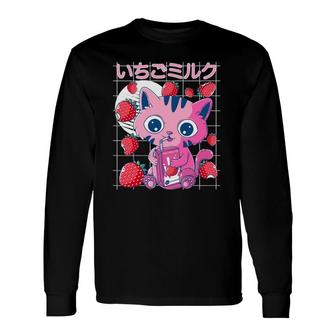 Strawberry Cat 90S Vaporwave Japanese Strawberry Milk Kawaii Long Sleeve T-Shirt - Seseable