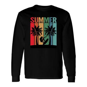 Summer Surfer Palm Trees Beach Retro Sunset Black Long Sleeve T-Shirt - Seseable