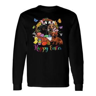 Three Bunny Dachshund Dogs In Easter Eggs Basket Long Sleeve T-Shirt T-Shirt | Mazezy