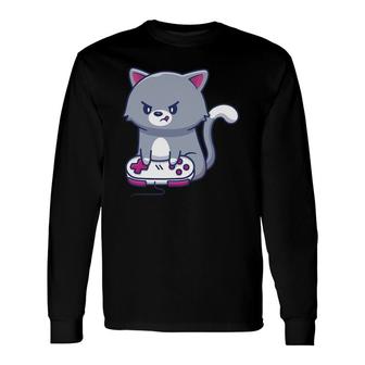 Video Game Lover Cute Cat Gaming Long Sleeve T-Shirt - Seseable