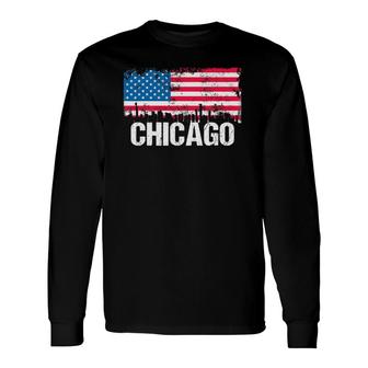 Vintage Us Flag American City Skyline Chicago Illinois Long Sleeve T-Shirt T-Shirt | Mazezy