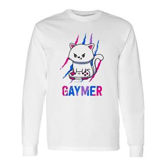 Bisexual Gaymer Geek Pride Lgbt Video Game Lovers Cat Long Sleeve T-Shirt - Seseable