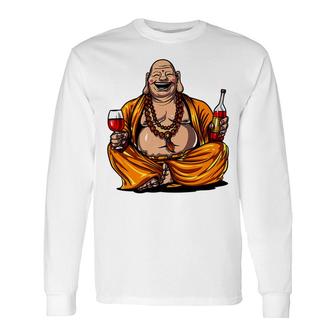 Buddha Wine Drinking Yoga Meditation Spiritual Long Sleeve T-Shirt - Monsterry