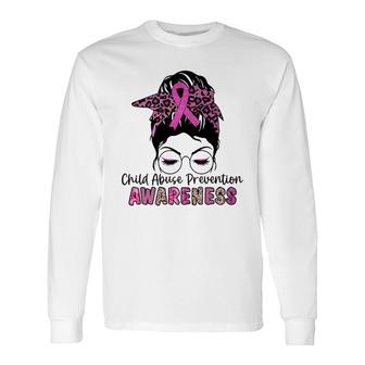 Child Abuse Prevention Awareness Messy Hair Bun Long Sleeve T-Shirt
