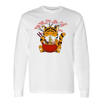 Cute Tiger Ramen Noodles Sakura Flowers Chinese Character Long Sleeve T-Shirt - Thegiftio
