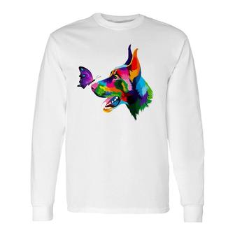 Doberman Dog Colored Dobie Colorful Butterflies Doberman Long Sleeve T-Shirt T-Shirt | Mazezy