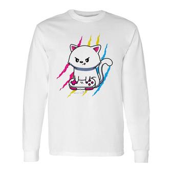 Pansexual Gaymer Geek Pride Lgbt Video Game Lover Cat Long Sleeve T-Shirt - Seseable