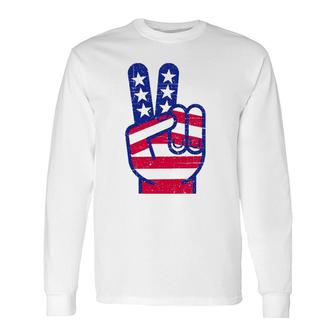 Retro Red White And Blue Peace Sign Vintage July Fourth Long Sleeve T-Shirt - Seseable