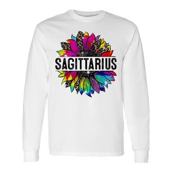Sagittarius Girl Sunflower Leopard Tie Dye Zodiac Birthday Long Sleeve T-Shirt - Seseable