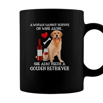 A Woman Cannot Survive Wine Alone Golden Retriever Coffee Mug - Seseable