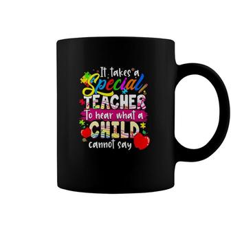 Autism Awareness It Takes A Special Teacher To Hear What A Child Cannot Say Puzzle Pieces Apples Coffee Mug | Mazezy