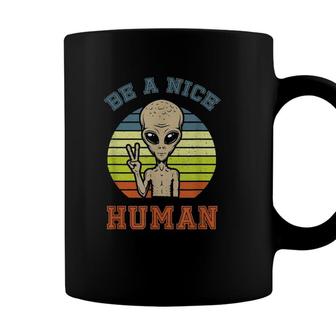 Be A Nice Human Alien Peace Sign Retro Vintage Funny Coffee Mug - Seseable