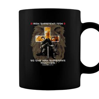 Christian Bible Verse Sayings Lion Cross Iron Sharpens Iron Coffee Mug - Seseable