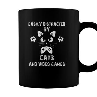 Easily Distracted By Cats And Video Games Funny Cats Lovers Coffee Mug - Seseable