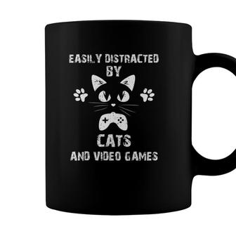 Easily Distracted By Cats And Video Games Funny Cats Lovers Coffee Mug | Seseable CA