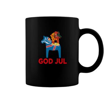 God Jul Merry Christmas Dala Horse Tomte Julbock Straw Goat Coffee Mug - Monsterry