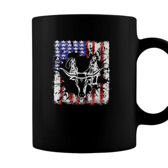 Independence Day Team Roping Bull Head July Of 4Th Us Flag Coffee Mug - Seseable