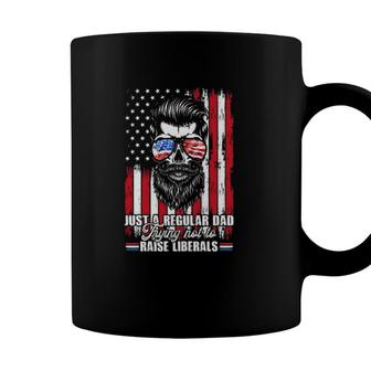 Just A Regular Dad Trying Not To Raise Liberals Beard Dad American Flag Sunglasses Coffee Mug - Seseable