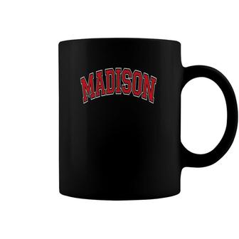 Madison Wisconsin Wi Varsity Style Red Text Coffee Mug | Mazezy