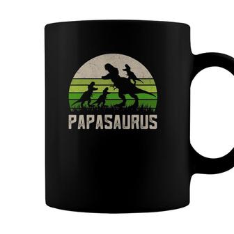Mens Funny Grandpa Of 3 Kids Papasaurus Dinosaur Fathers Day Coffee Mug - Seseable