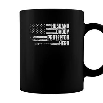 Mens Husband Daddy Protector Hero Us Flag Veteran Fathers Day Coffee Mug - Seseable