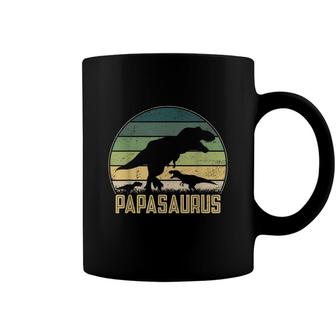 Papasaurus 2 Kids Vintage Retro Sunset Funny Dad Dinosaur Coffee Mug - Seseable