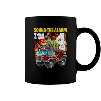 Sound The Alarm Im 4 Dinosaur Firefighter 4Th Birthday Boys Coffee Mug - Seseable