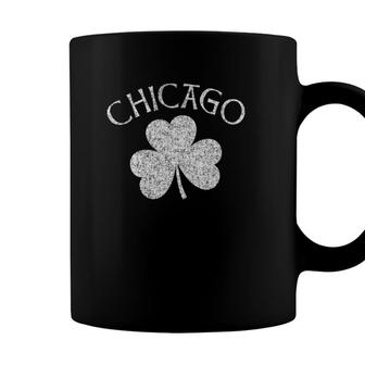 Womens Chicago Irish Shamrock Distressed White Print V-Neck Coffee Mug - Seseable