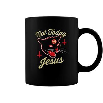 Womens Not Today Jesus Hail Satan Satanic Cat Death Metal Halloween V-Neck Coffee Mug | Mazezy