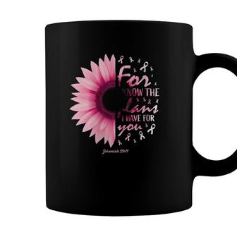 Womens Pink Christian Bible Verse Breast Cancer Awareness Flower V-Neck Coffee Mug - Seseable