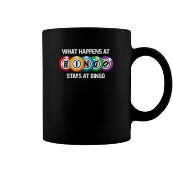Womens What Happens At Bingo Stays At Bingo Funny Lucky Bingo V-Neck Coffee Mug | Mazezy