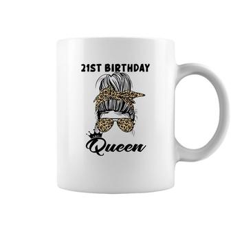 21St Birthday Queen Happy 21 Years Old Messy Bun Leopard Coffee Mug - Seseable