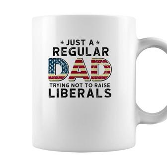 Just A Regular Dad Trying Not To Raise Liberals Vintage American Flag Republican Fathers Day Coffee Mug - Seseable